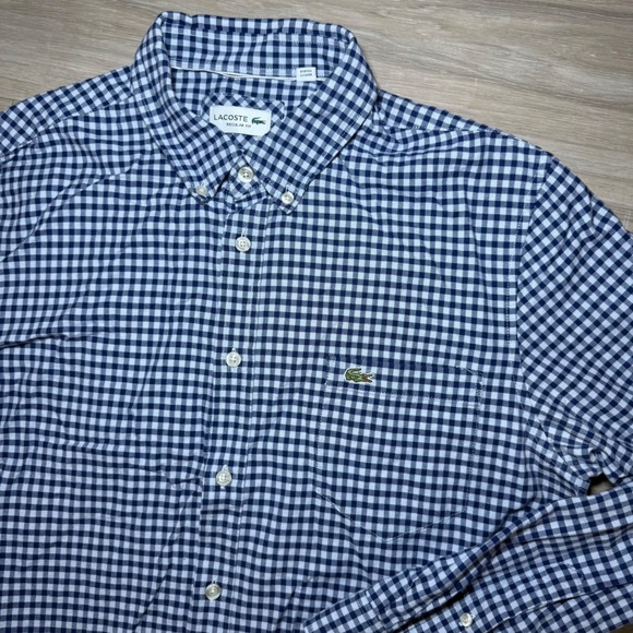 Lacoste Regular Fit Blue Gingham Check Button Down Oxford Long Sleeve Shirt L - Picture 1 of 6